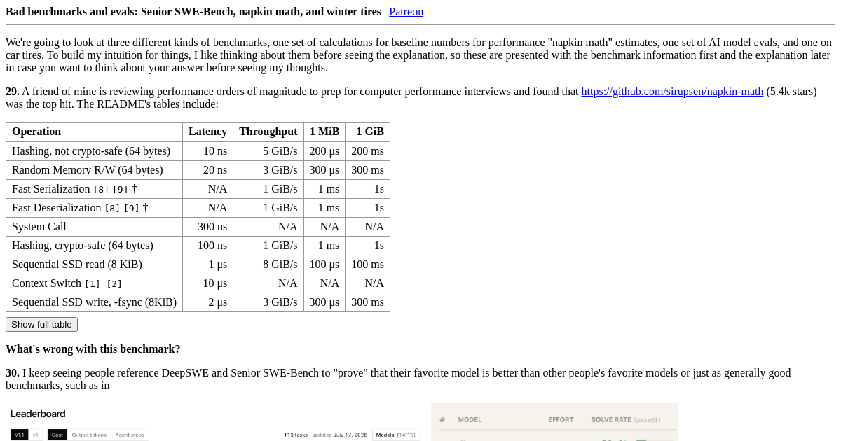 Bad benchmarks and evals: Senior SWE-Bench, napkin math, and winter tires