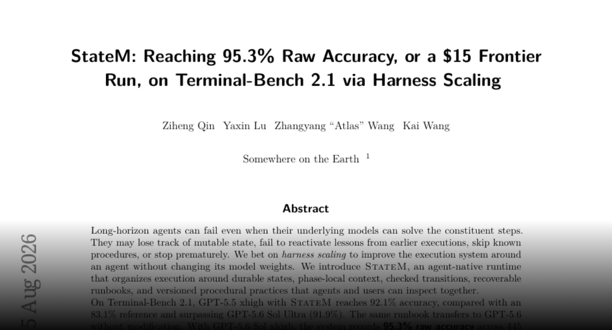 StateM: Reaching 95.3% Raw Accuracy, or a \$15 Frontier Run, on Terminal-Bench 2.1 via Harness Scaling