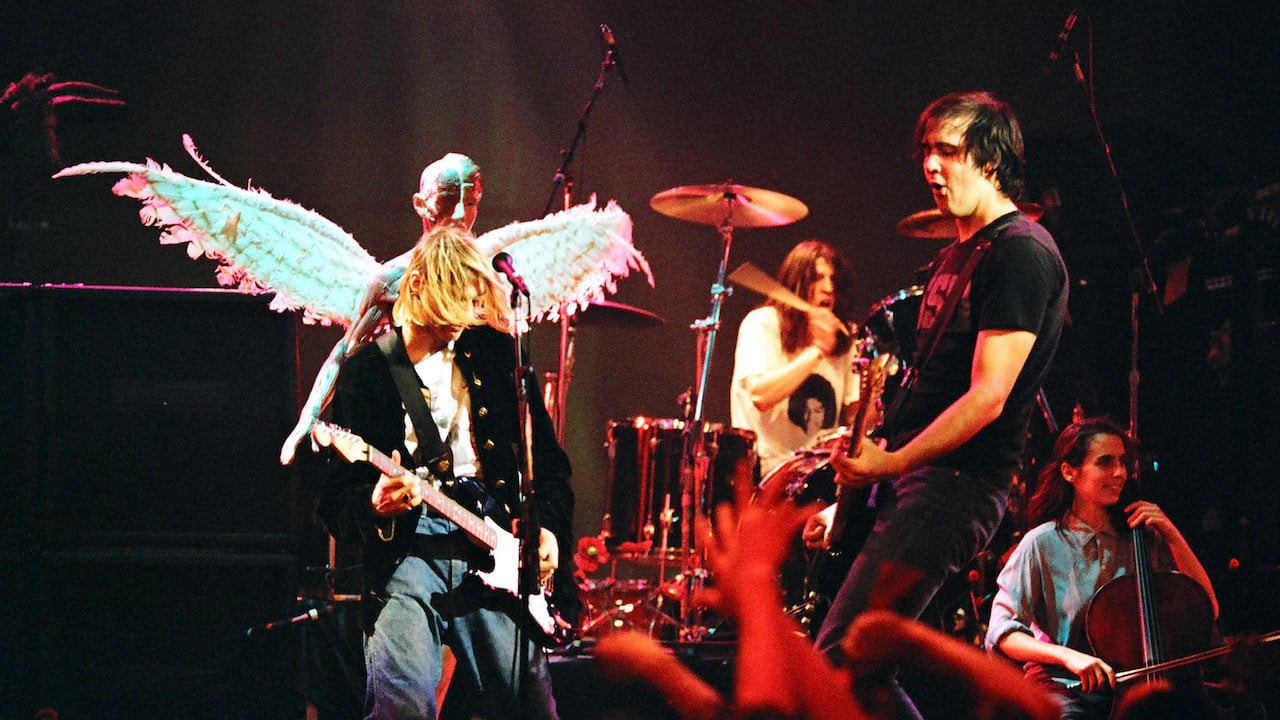 (from left) Kurt Cobain, Dave Grohl, and Krist Novoselic of Nirvana perform onstage