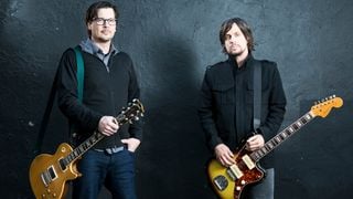 Portrait of American musicians Ken Andrews (L) and Greg Edwards, guitarists with alternative rock group Failure, photographed before a live performance at The Garage in London on May 18, 2015.