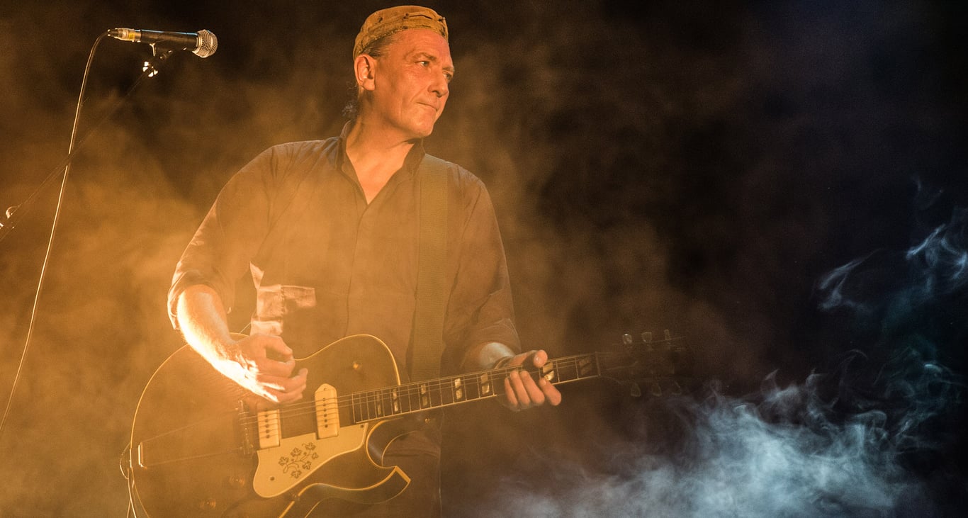 Geordie Walker of Killing Joke performs with his Gibson gold-top Gibson ES-295 with the Mary Kaye pickguard.