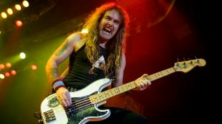 Steve Harris performs onstage with Iron Maiden at The Forum in Inglewood, California on February 19, 2008