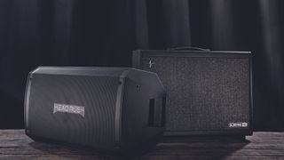 A HeadRush and Line 6 FRFR speaker on a wooden floor