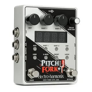 Electro-Harmonix Pitch Fork+ pitch-shifter shot at 3/4 angle on white background