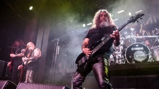 Kerry King and Tom Araya of Slayer perform at Iron City on April 24, 2015 in Birmingham, Alabama.