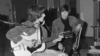 George Harrison playing John Lennon's 12-string Framus Hootenanny 12-string
