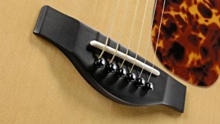 Close up of the bridge saddle on a Fender acoustic guitar