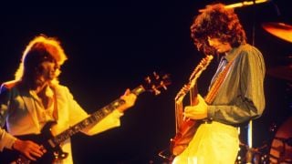 Led Zeppelin play Stairway to Heaven at Knebworth on August 11, 1979 in Knebworth, United Kingdom.