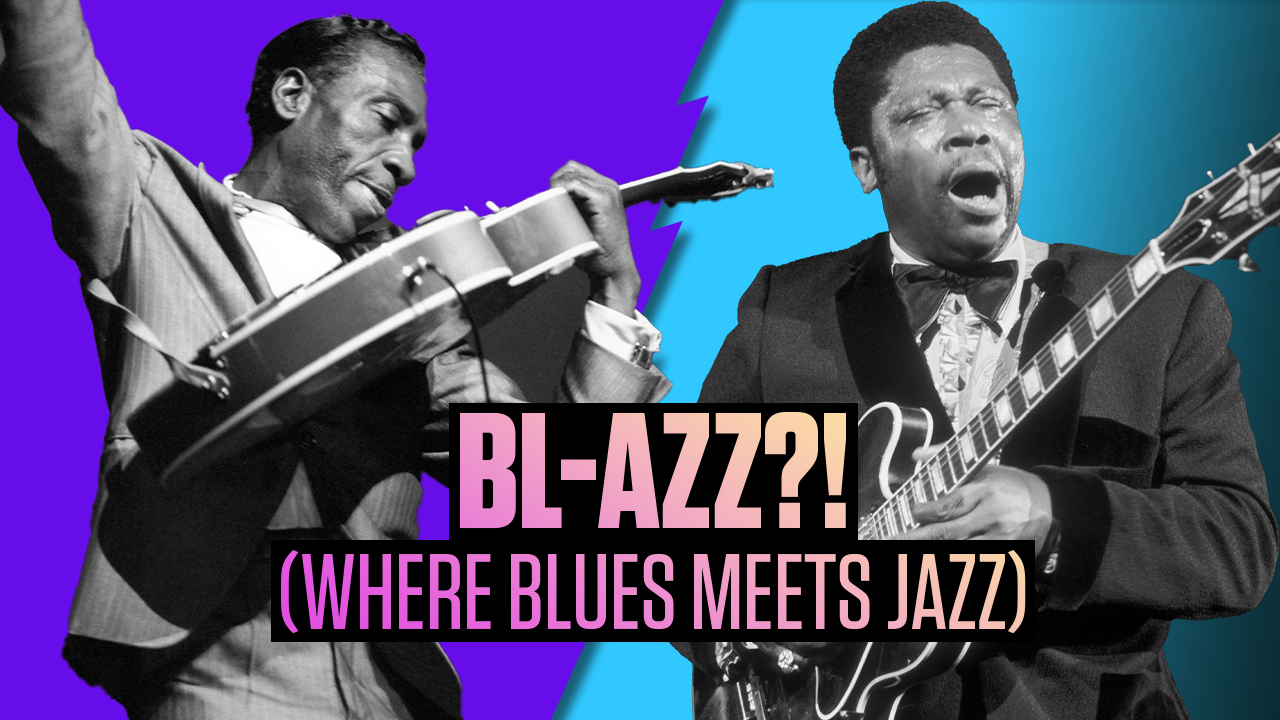 Cut-out black and white images of T-Bone Walker and B.B. King on a purple and blue background. Text reads 'Bl-azz?! Where blues meets jazz.'