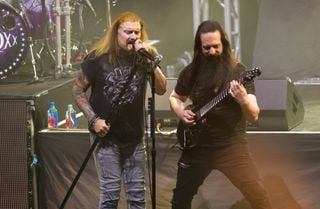 James LaBrie (left) and John Petrucci perform onstage at Stockholm Waterfront in Stockholm, Sweden on November 8, 2024