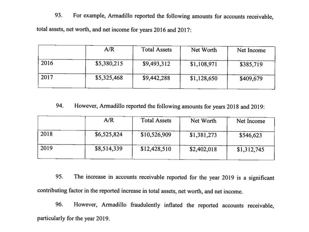 Armadillo's alleged financial reports