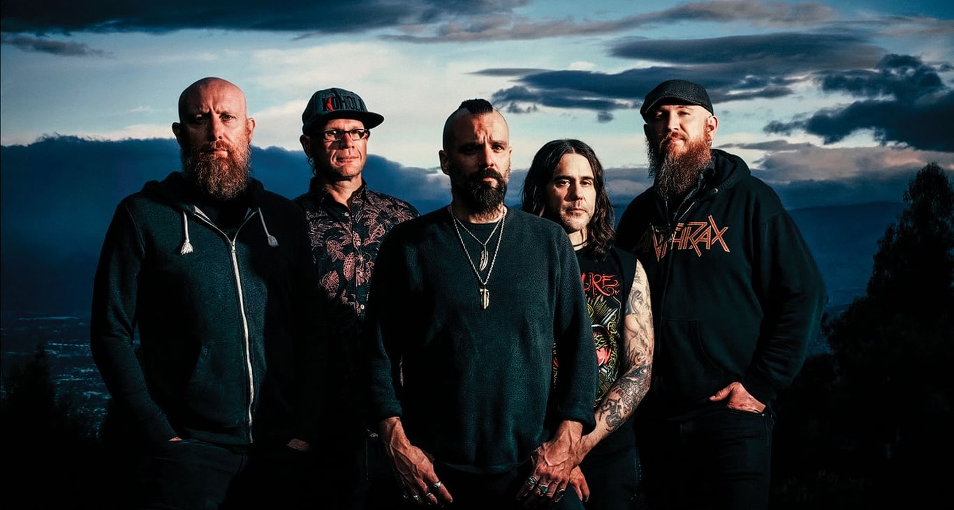 Killswitch Engage 2025: [from left] Justin Foley, Adam Dutkiewicz, Jesse Leach, Mike D&rsquo;Antonio and Joel Stroetzel