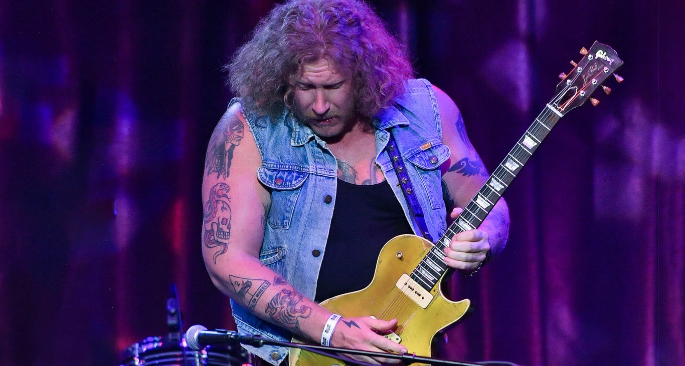 Jared James Nichols wears a cut-off denim jacket and takes a solo on his Gold Top Les Paul, 'Dorothy'