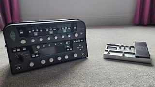 Kemper Profiler and Harley Benton modeler side-by-side on beige carpet