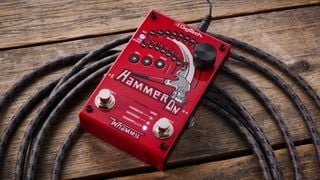 A Digitech HammerOn pitch shifter pedal on a wooden floor