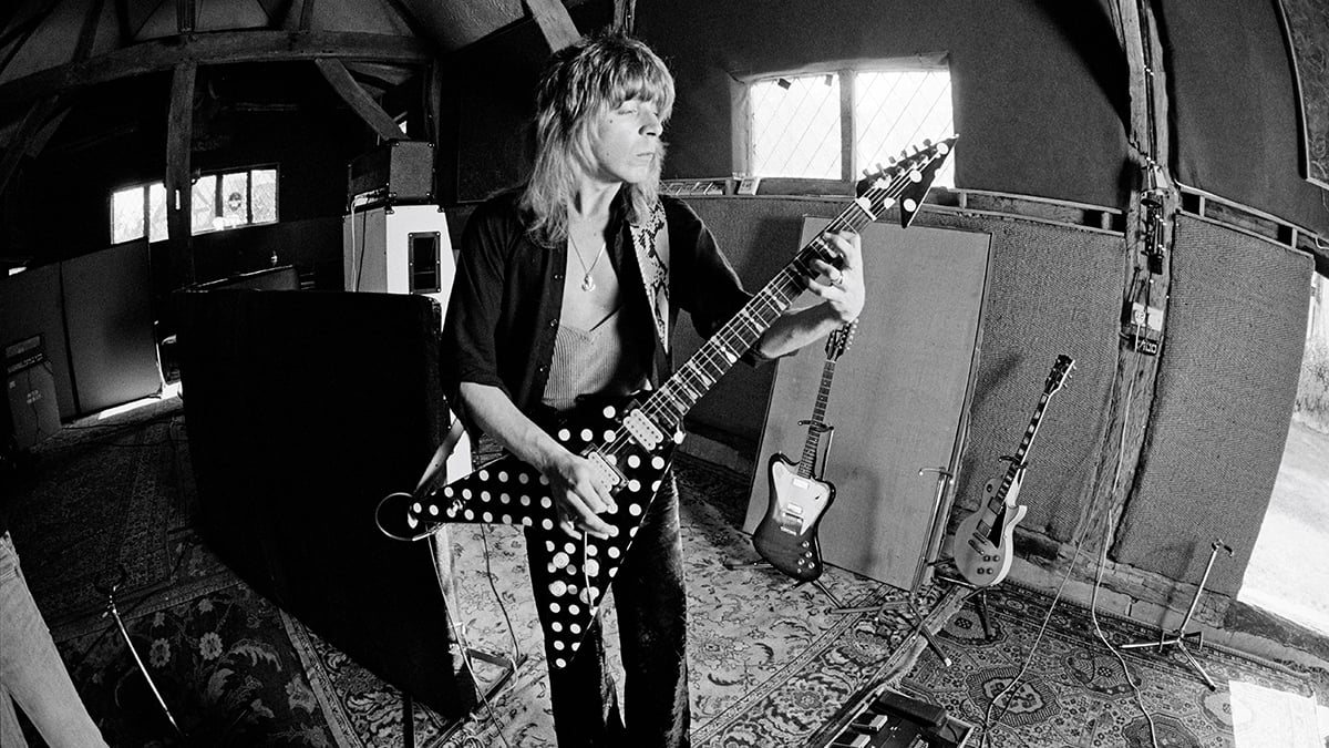 Randy Rhoads recording Ozzy Osbourne's 'Blizzard of Ozz' album at Ridge Farm Studio in West Sussex, England in May 1980