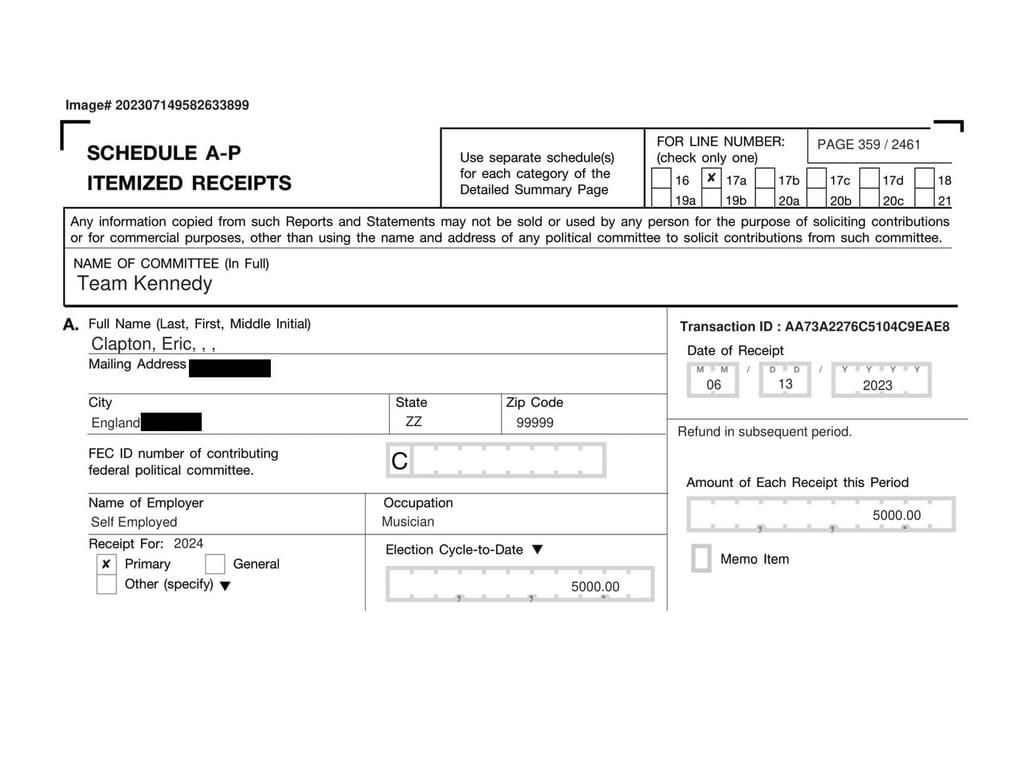 Eric Clapton's donation record to RFK Jr's campaign