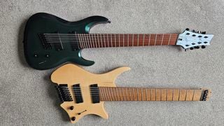 Harley Benton and Strandberg 8-string guitars on a beige carpet