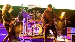 Larry "Ler" LaLonde, Tim "Herb" Alexander and Les Claypool of Primus perform in support of their A Tribute To Kings Tour at Michigan Lottery Amphitheatre on September 22, 2021 in Sterling Heights, Michigan