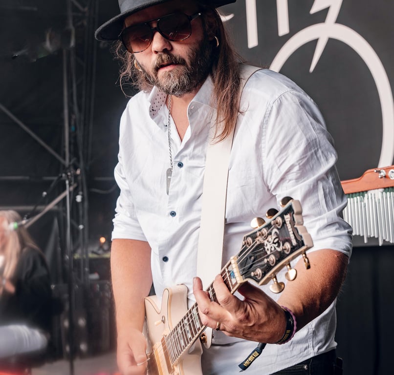 Sebastian Forslund of the Night Flight Orchestra plays a cream Ibanez doublecut: &ldquo;I&rsquo;m a big Ibanez Artist fan,&rdquo; he says. &ldquo;I&rsquo;ve been collecting them over the years and have some rare finishes&rdquo;