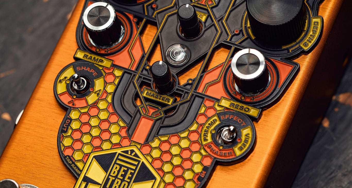 Beetronics LARVA Morphing Phaser: it's an orange phaser pedal, but not like any you have seen before as Beetronics decorates this feature-packed stompbox in its honeycomb, bee-inspired style.