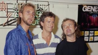 British rock band Genesis (British guitarist Mike Rutherford, British keyboardist Tony Banks, and British singer and drummer Phil Collins) attend a press conference ahead of their Invisible Touch Tour date at Dodger Stadium in Los Angeles, California, 22nd May 1987