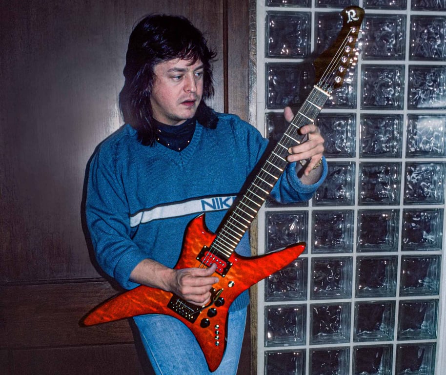 Rick Derringer holds his B.C. Rich Stealth guitar at a photo shoot in New York City on December 14, 1983