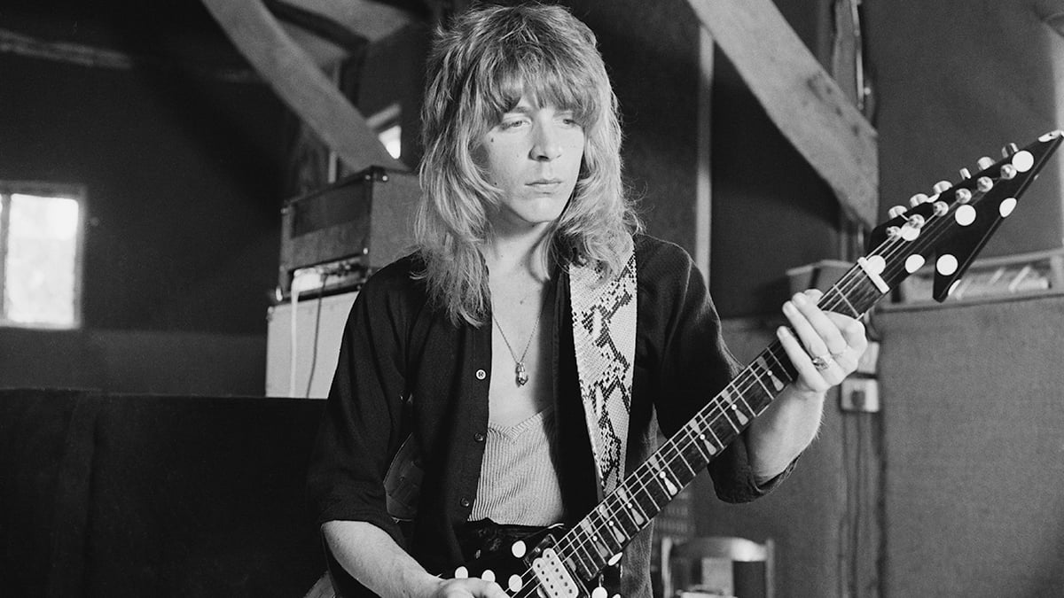 American guitarist Randy Rhoads recording Ozzy Osbourne's 'Blizzard of Ozz' album at Ridge Farm Studio, 1980