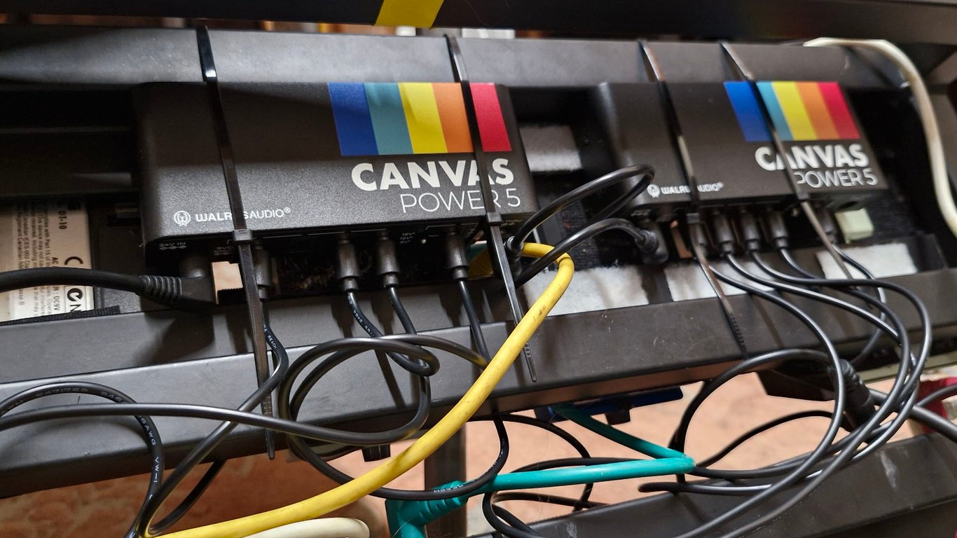 Various shots of the Walrus Audio Canvas power supply products being tested