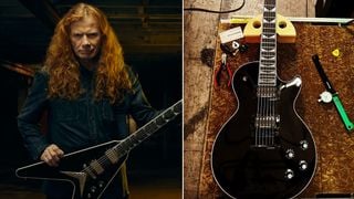 Dave Mustaine holding his signature Gibson Flying V (left), a look at his signature Les Paul