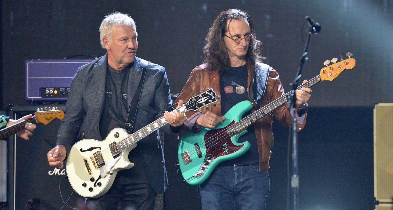 Alex Lifeson (left) and Geddy Lee onstage at the 32nd Annual Rock & Roll Hall Of Fame Induction Ceremony in 2017