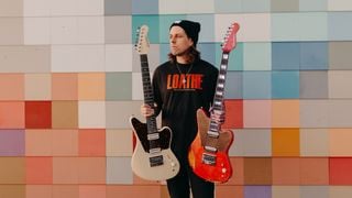 Mike Stringer of Spiritbox with his new Jackson Surfcaster electric guitar