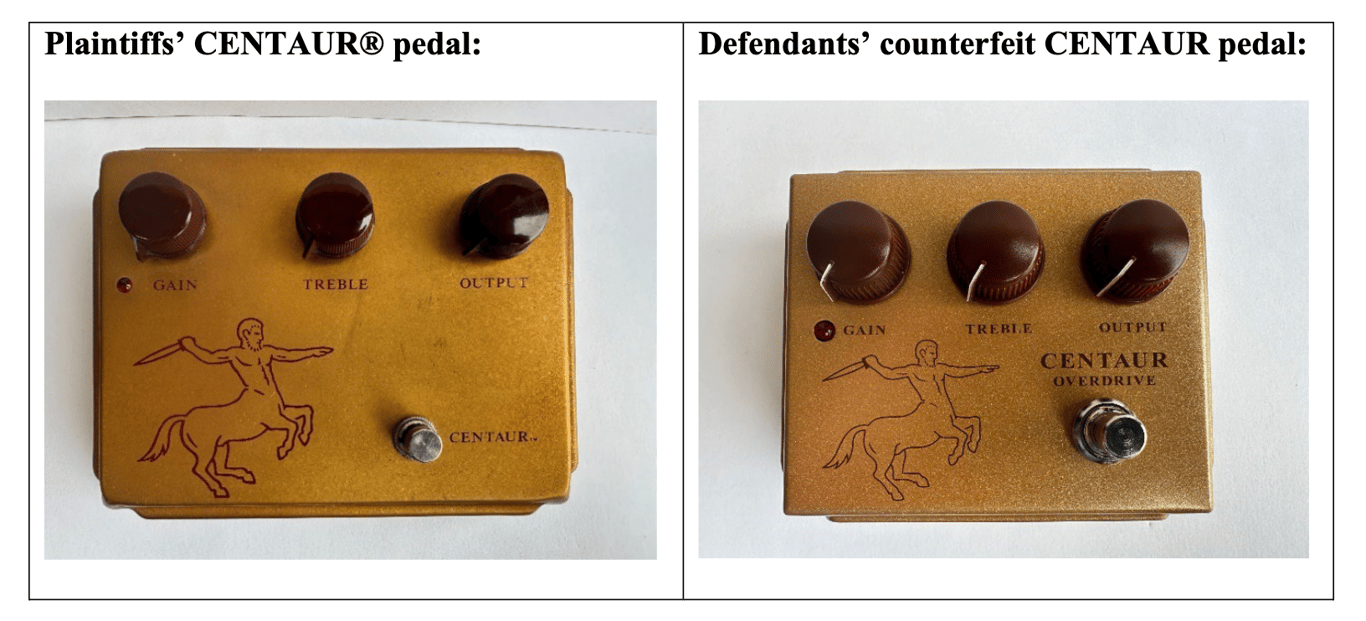An illustration from Klon&rsquo;s legal complaint comparing images of the Klon product (left) and Behringer pedal (right)