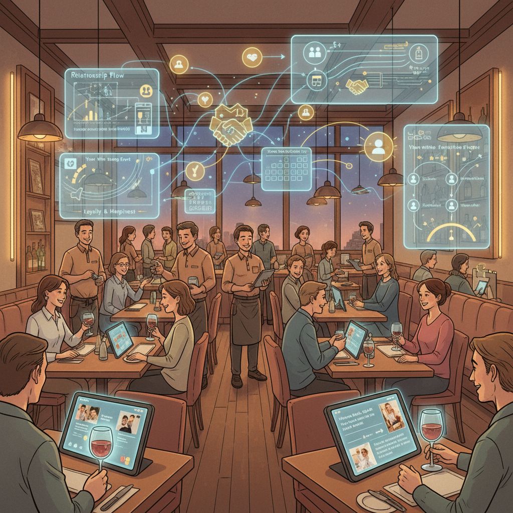 Illustrazione di un ristorante accogliente con tavoli dotati di tablet che mostrano messaggi personalizzati; staff che interagisce con i clienti; infografiche CRM e calendario eventi integrati nella scena.