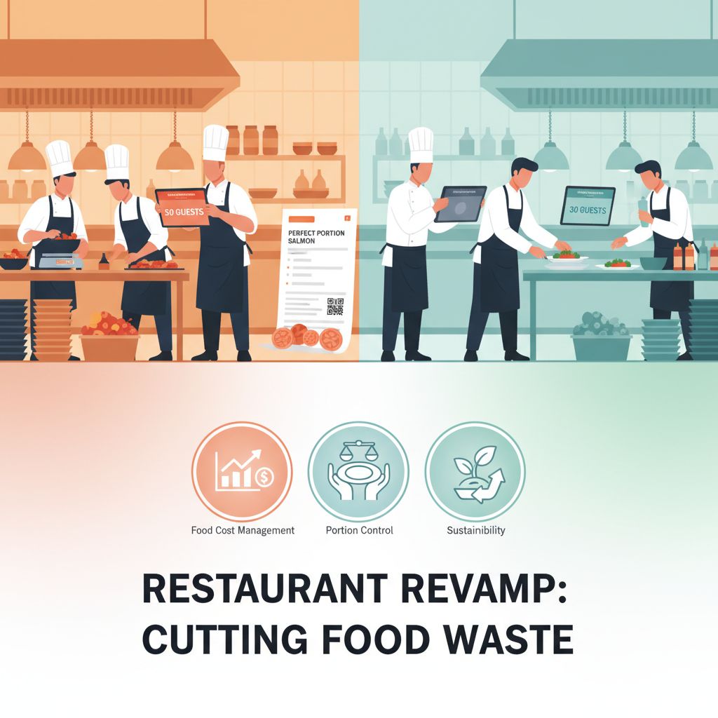 Immagine di testata: riduzione dello spreco alimentare in ristorante con sistema di prenotazioni digitale, recipe cards standardizzate e chef che pesano gli ingredienti con precisione; contrasto tra cucina frenetica per 50 coperti e atmosfera più calma con 30 ospiti; icone di food cost, controllo porzioni e sostenibilità in uno stile moderno e professionale dai colori vivaci.