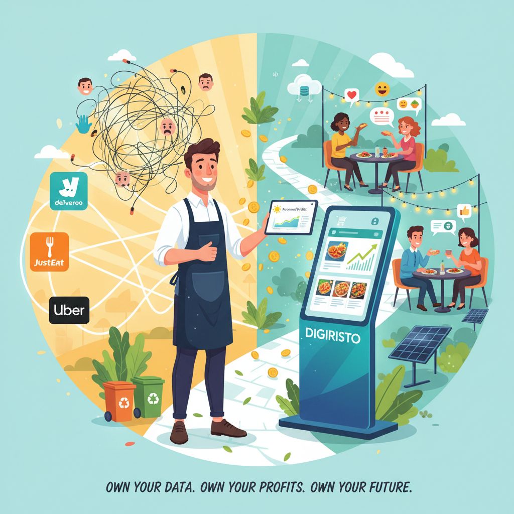 Illustrazione di un ristoratore a un bivio: da un lato i loghi di Deliveroo, Glovo, JustEat e UberEats; dall’altro un sistema di ordini diretti Digiristo con interfaccia digitale. Il ristoratore, fiducioso, mostra su un tablet profitti in crescita; sullo sfondo clienti felici, a sottolineare sostenibilità, maggiore redditività e controllo dei dati.
