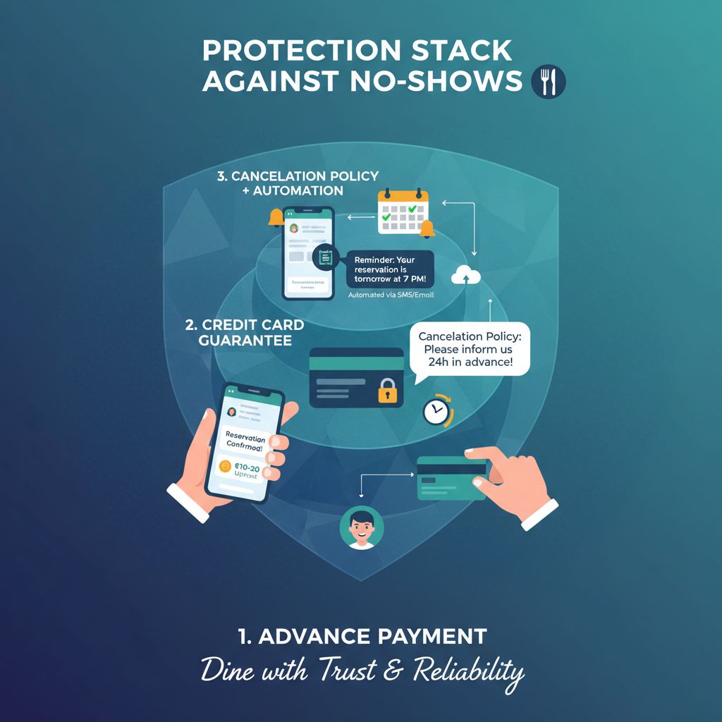 Illustrazione professionale dello stack a 3 livelli contro i no-show nei ristoranti: anticipo 10–20€ alla prenotazione; carta di credito a garanzia con promemoria policy; policy di cancellazione + automazioni con reminder e calendario.