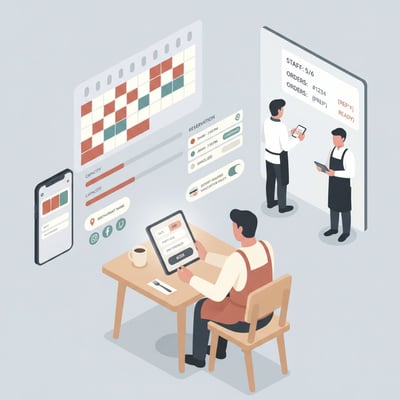 Illustrazione isometrica: manager di ristorante usa un tablet con widget di prenotazione mobile (data, ora, coperti, preferenze, pulsante Prenota). Smartphone e dashboard con calendario, capienza e stati; integrazione Google/social; schermo cucina.