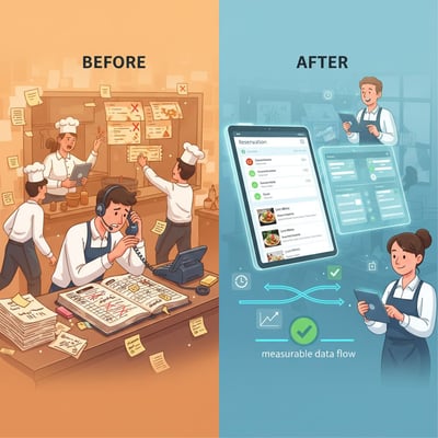 Illustrazione editoriale orizzontale a scena divisa: a sinistra gestione del ristorante frammentata e caotica (telefono, agenda prenotazioni cartacea, menu stampati, ticket scritti a mano, staff stressato, avvisi di errore); a destra piattaforma digitale all‑in‑one con dashboard unificata, prenotazioni con caparra e conferme, menu e comande digitali, grafici e check, flusso connesso tra sala e cucina.