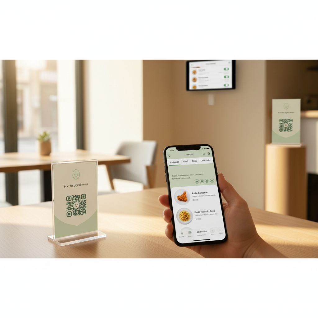 Banner editoriale fotorealistico: tavolo in legno con card QR laminata Scansiona per il menu digitale, mano con smartphone che mostra UI menu mobile-first (categorie, prezzi, descrizioni, foto, icone allergeni, lingua). Interno ristorante moderno; hint di dashboard SaaS.