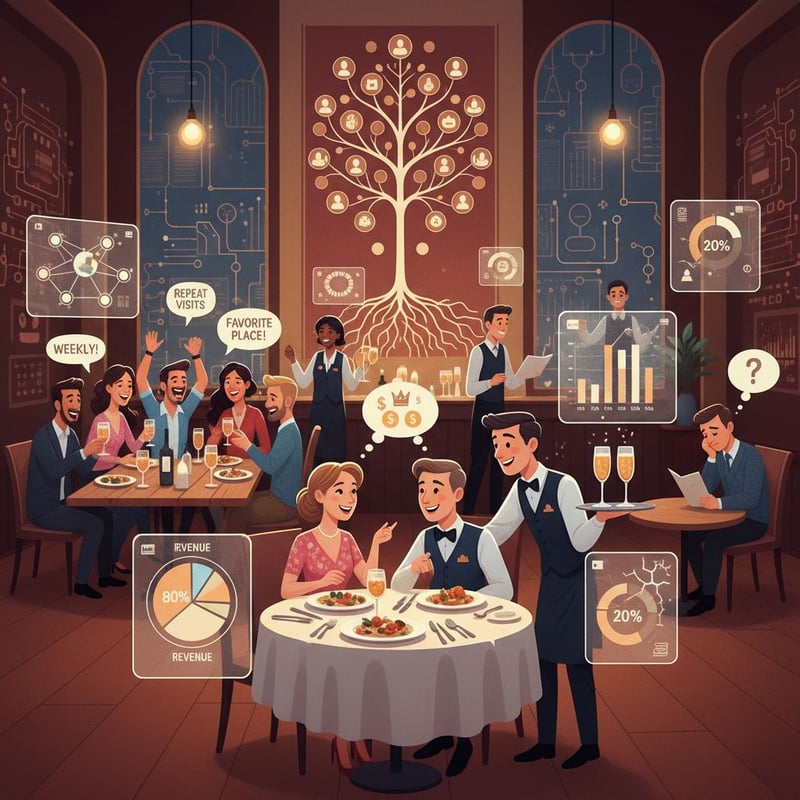 Illustrazione di una sala ristorante affollata che rappresenta il principio di Pareto: coppia high spender con calice di benvenuto, gruppo di frequent diners che ride e cliente a rischio in un angolo; grafici integrati nell’arredo e servizio personalizzato.