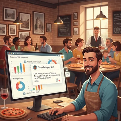 Responsabile di ristorante al computer analizza dati clienti con grafici e alert; sullo schermo email: Ciao Marco, ci manchi! Torna a trovarci, sconto 10% sulla prossima cena. Ambiente caldo con clienti che cenano.