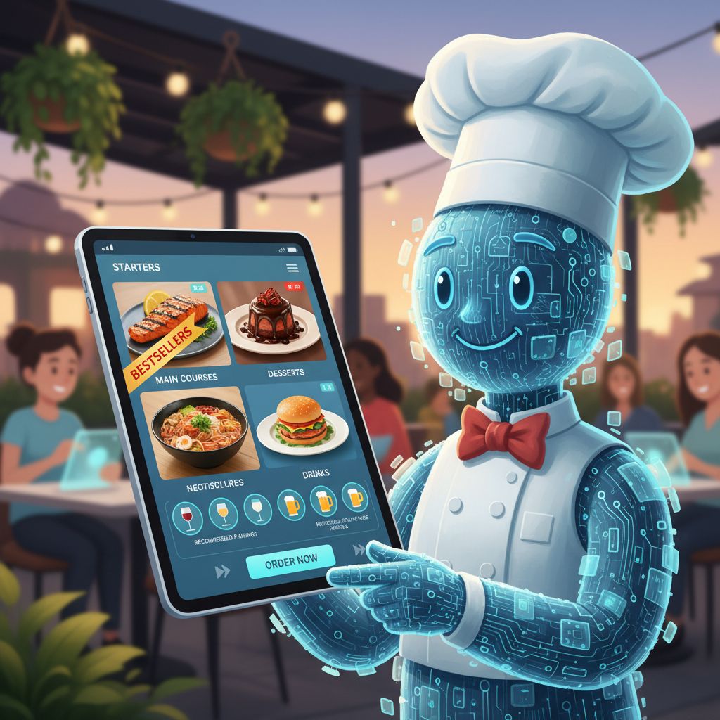 Tablet con menu digitale interattivo: piatti appetitosi con immagini, selezioni ben organizzate, bestseller evidenziati, suggerimenti di abbinamento e navigazione intuitiva in un ambiente moderno e accogliente.