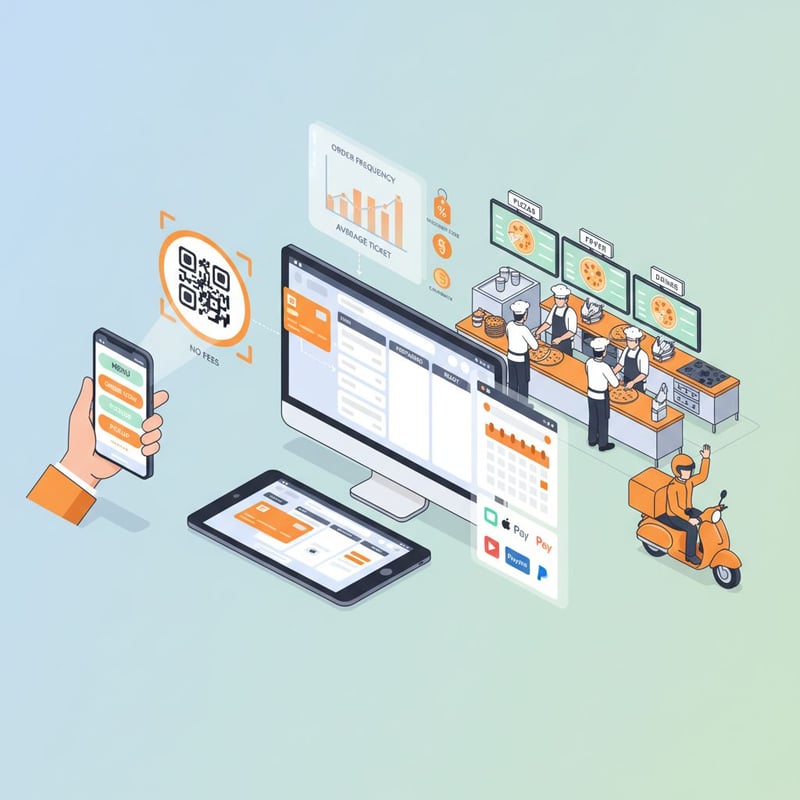 Illustrazione 3:1 di un ecosistema proprietario di ordini per ristoranti: app mobile-first con QR, dashboard in tempo reale con fasce orarie e pagamenti, cucina con schermi e rider; 30% commissioni barrato, dati clienti e promozioni