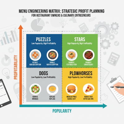 Illustrazione della matrice di Menu Engineering: grafico a due assi con Popolarità (orizzontale) e Redditività (verticale), quattro quadranti con esempi di piatti, grafici e note che evocano analisi e decisioni strategiche sul menu.