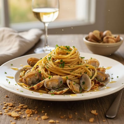 Spaghetti trafilati al bronzo con vongole fresche dell’Adriatico, prezzemolo e vino bianco DOC, con briciole croccanti su sfondo rustico.