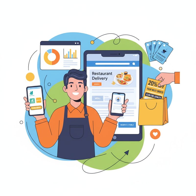 Illustrazione moderna: ristoratore digitale con smartphone che mostra Deliveroo e Glovo; sullo sfondo interfaccia del sito, flyer con sconto nella busta take-away, dashboard CRM e carte fedeltà; strategia ibrida app + ordini diretti.