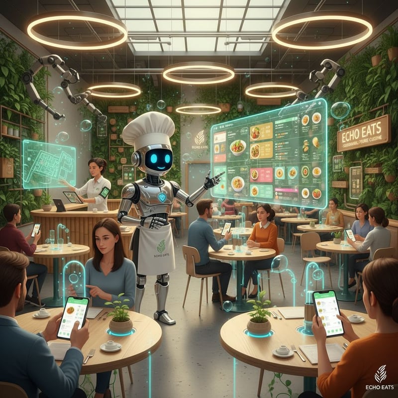 Illustrazione di un ristorante futuristico nel 2025: clienti consultano un menu digitale dallo smartphone mentre un membro dello staff gestisce le prenotazioni su tablet; arredi eco-sostenibili, illuminazione brillante e dispositivi connessi in un’atmosfera accogliente e moderna.