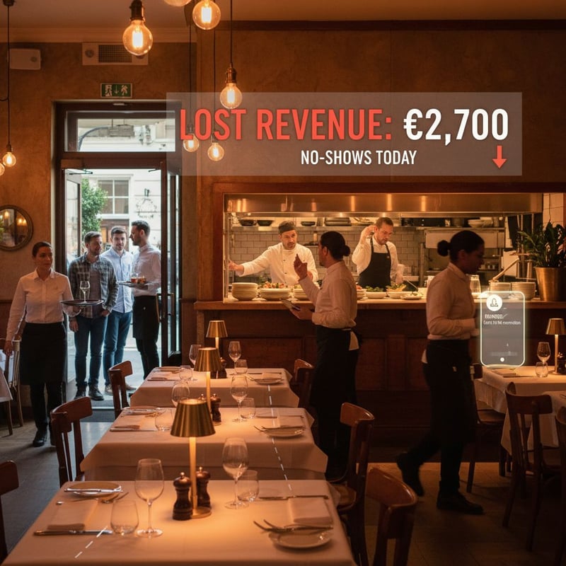 Interno di ristorante animato con tavoli vuoti e staff al lavoro; overlay che evidenzia 2.700€ di mancato incasso dovuto ai no-show; clienti speranzosi all’ingresso e notifiche su smartphone che suggeriscono l’esigenza di sistemi di prenotazione più intelligenti