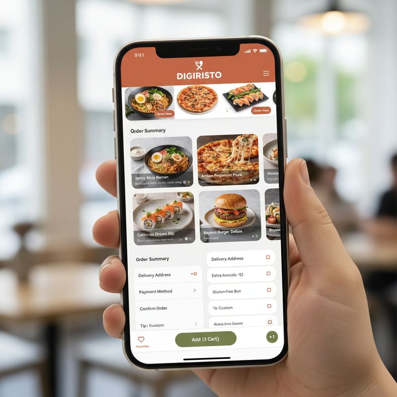 Interfaccia mobile Digiristo per food delivery: menu fotografico ad alta qualità, opzioni di personalizzazione chiare e checkout rapido in pochi tap